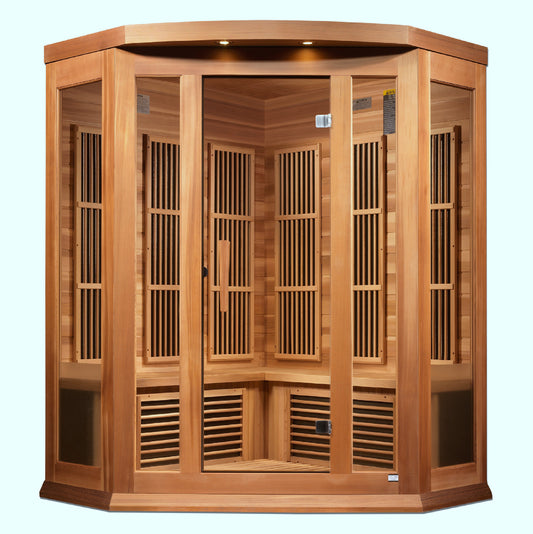 Maxxus 3-Person Corner Low-EMF FAR Infrared Sauna – Canadian Red Cedar